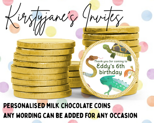 Personalised chocolate coins favours birthday party girls boys kids reptile lizard snake