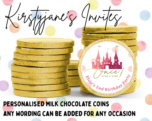 Personalised chocolate coins favours womens girls disneyland castle Disney world princess birthday party
