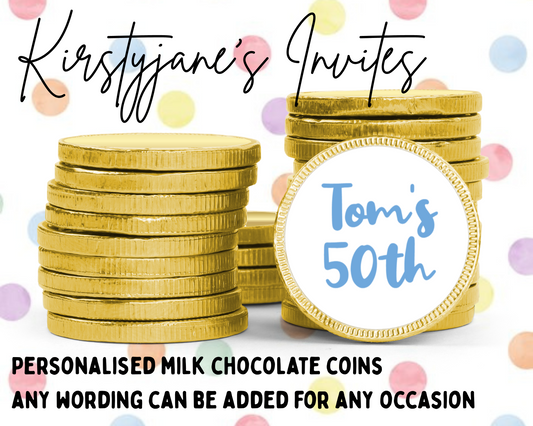 Personalised chocolate coins birthday party favours mens womens adults teenager 13 16 18 21 30 40 50 60 70 80