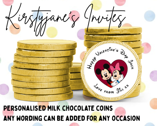 Personalised chocolate coins favours birthday party bag favour Valentine's Day wedding anniversary engagement love mickey minnie mouse disney
