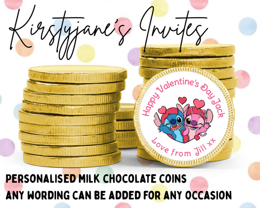 Personalised chocolate coins favours birthday party bag favour Valentine's Day disney stitch and angel