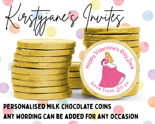Personalised chocolate coins favours birthday party bag favour Valentine's Day disney princess sleeping beauty aurora