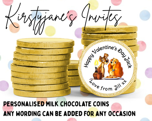 Personalised chocolate coins favours birthday party bag favour Valentine's Day wedding engagement anniversary disney lady and the tramp