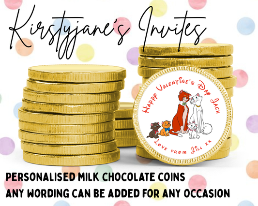 Personalised chocolate coins favours birthday party Valentine's Day love disney aristocats