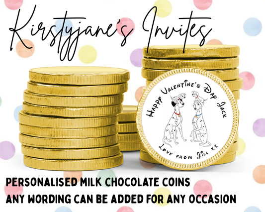 Personalised chocolate coins favours birthday party Valentine's Day love disney 101 dalmatians