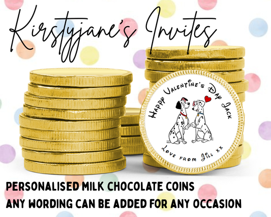 Personalised chocolate coins favours birthday party Valentine's Day love disney 101 dalmatians