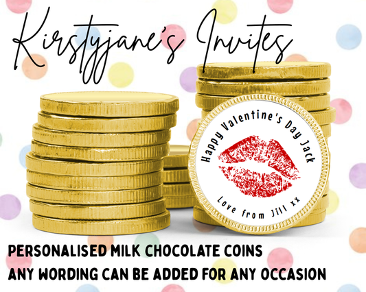 Personalised chocolate coins favours birthday party Valentine's Day love lips hen party