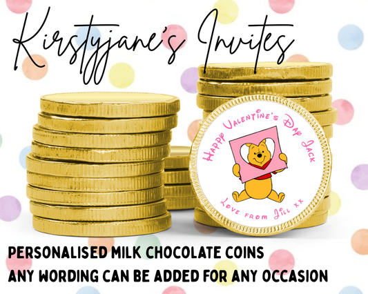 Personalised chocolate coins favours birthday party Valentine's Day love disney winnie the pooh