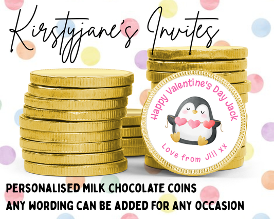 Personalised chocolate coins favours birthday party Valentine's Day love penguin