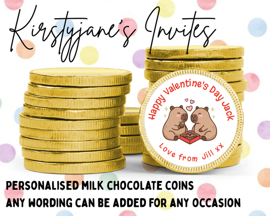 Personalised chocolate coins favours birthday party Valentine's Day love capybara
