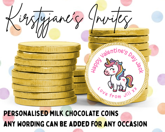 Personalised chocolate coins favours birthday party Valentine's Day love unicorn rainbow