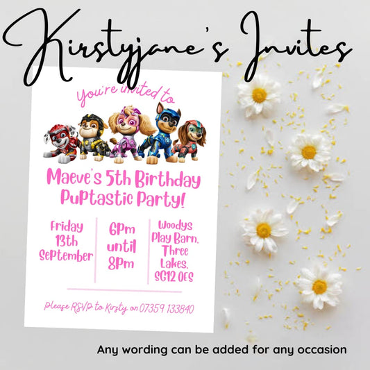 Personalised Paw patrol child’s girls pink birthday party invitations