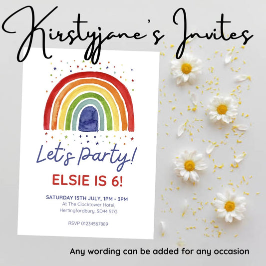 Personalised rainbow party birthday invitations