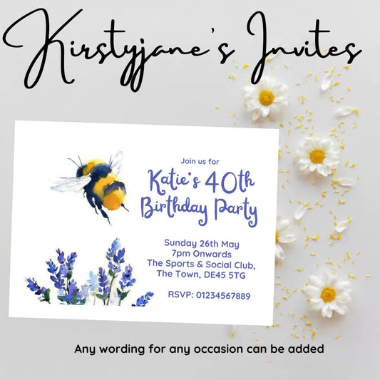 Personalised adult Bee Floral  birthday party invitations