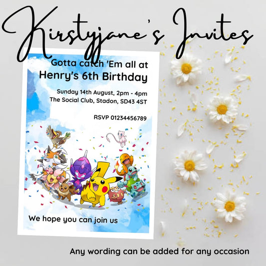 Personalised Pokemon kids  birthday invitations
