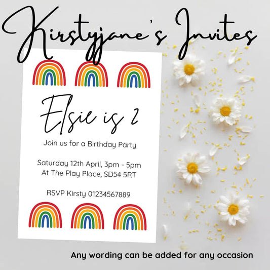 Personalised rainbow kids  party birthday invitations