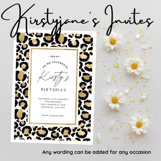 Personalised leopard print adult party birthday invitations