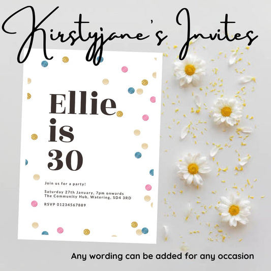 Personalised polka dot adults age party birthday invitations