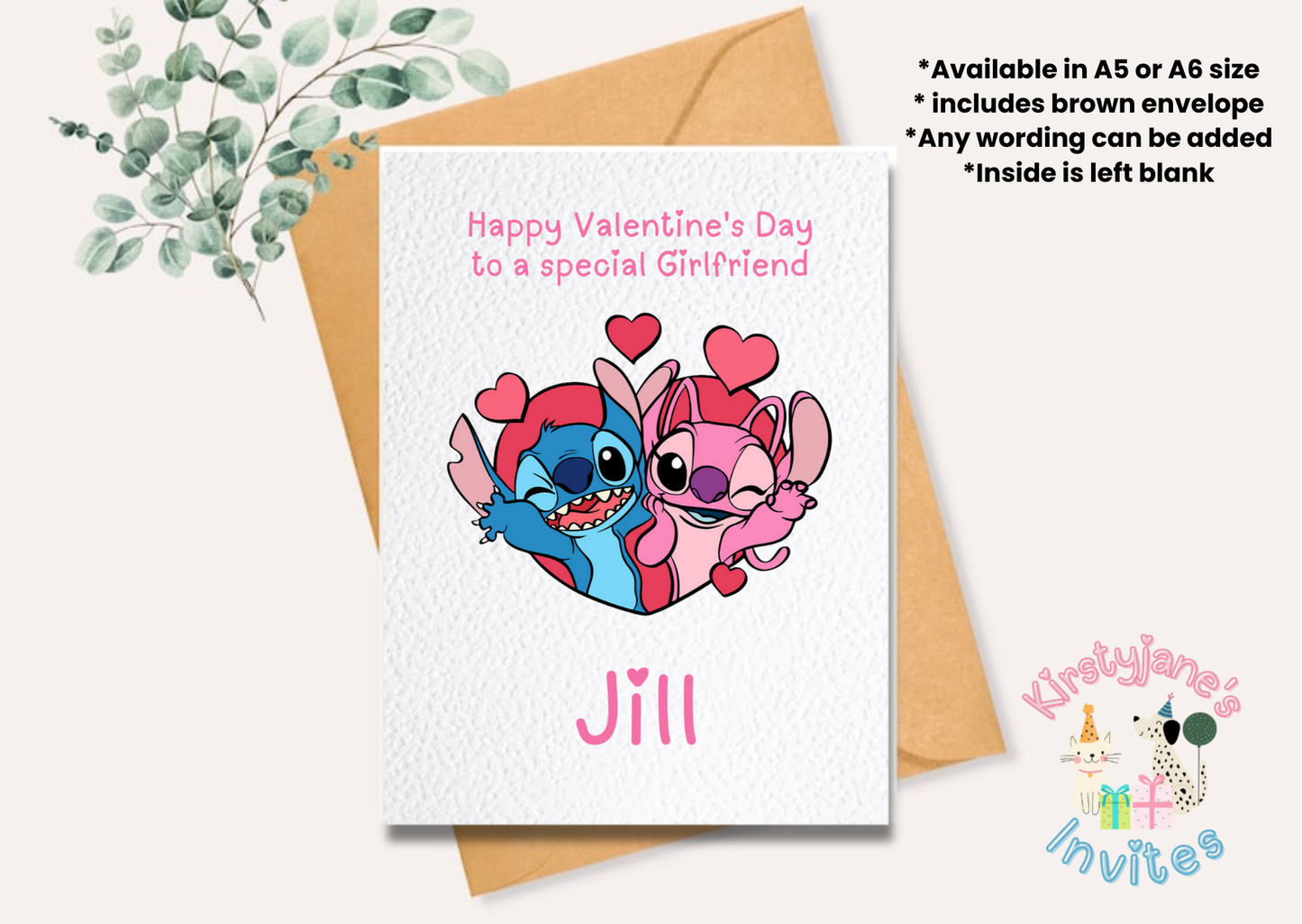 Personalised Valentine's Day greetings card disney stitch and angel