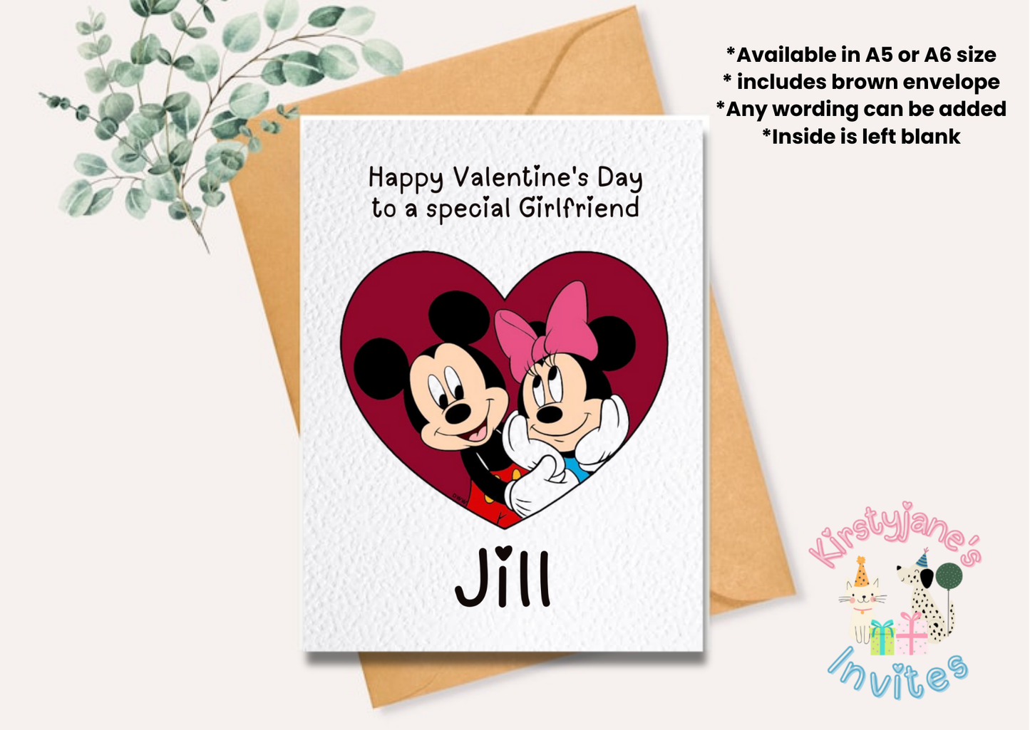 Personalised Valentine's Day greetings card disney mickey and minnie mouse