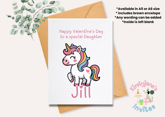 Personalised Valentine's Day greetings card unicorn rainbow