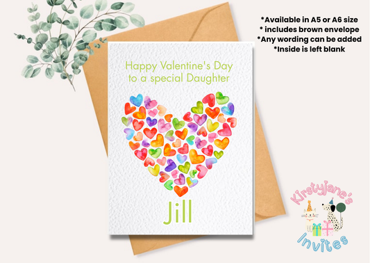 Personalised Valentine's Day greetings card rainbow hearts