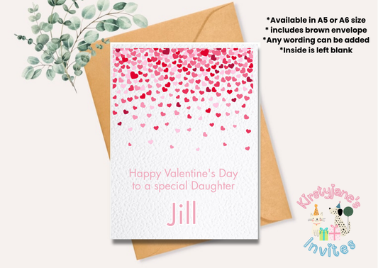 Personalised Valentine's Day greetings card pink hearts
