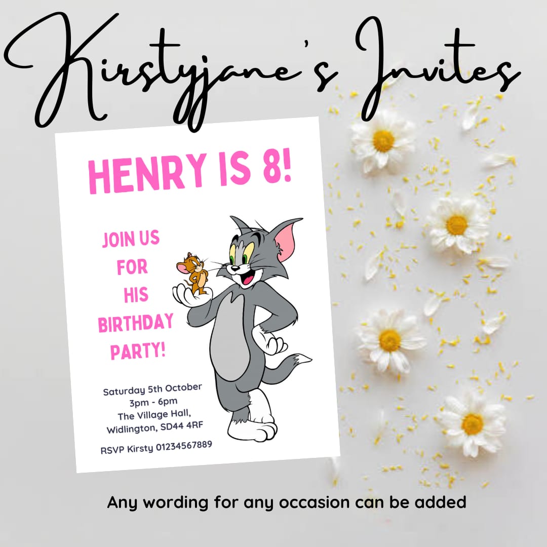 Personalised kids Tom & Jerry birthday party invitations