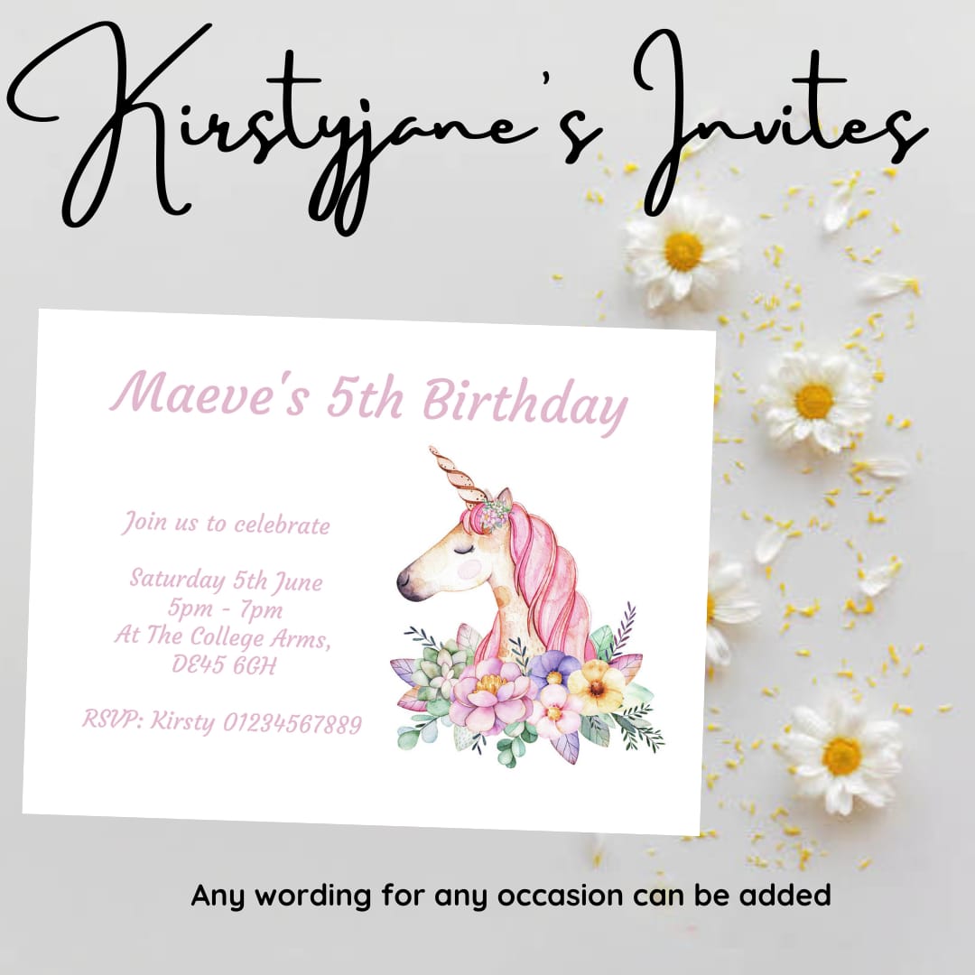 Personalised girls Birthday party unicorn invitations