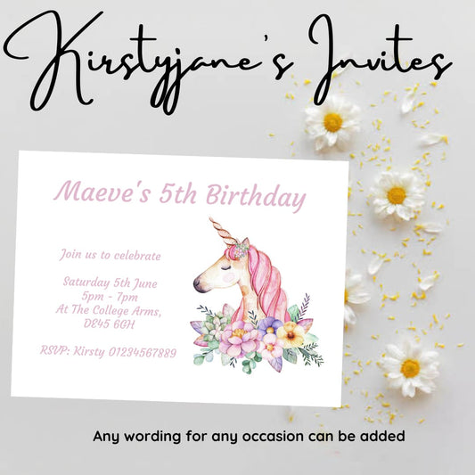 Personalised girls Birthday party unicorn invitations