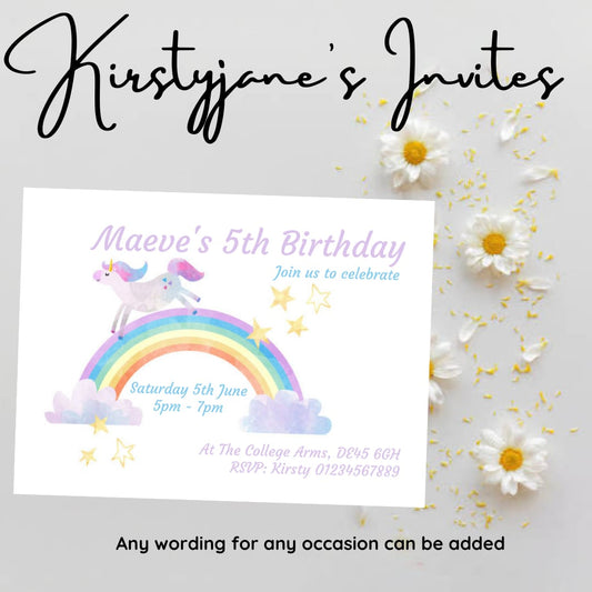 Personalised unicorn rainbow birthday invitations