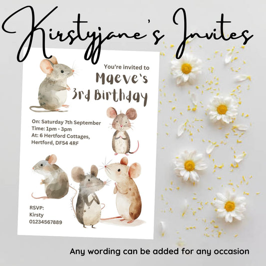 Personalised kids Mice  birthday cake party invitations