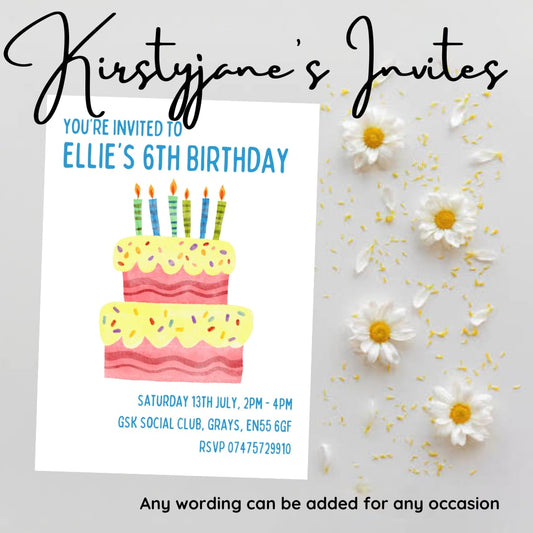 Personalised kids adults  birthday cake party invitations