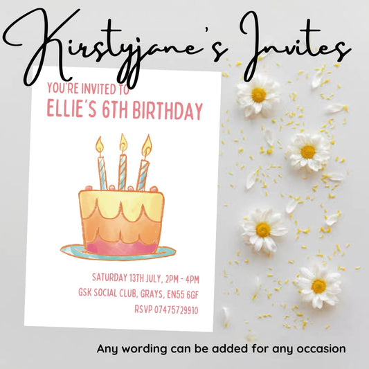 Personalised kids adults  birthday cake party invitations