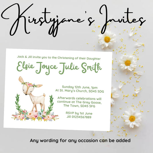 Personalised child Deer Christening party invitations