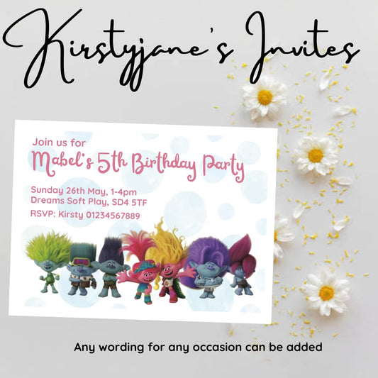 Personalised kids Trolls birthday party invitations