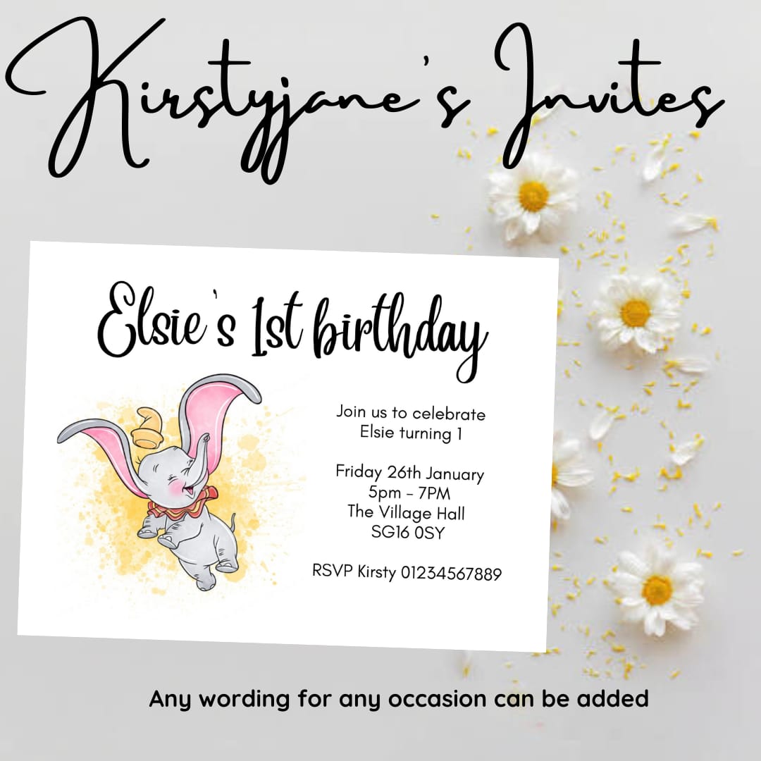Personalised Dumbo child’s  birthday party invitations