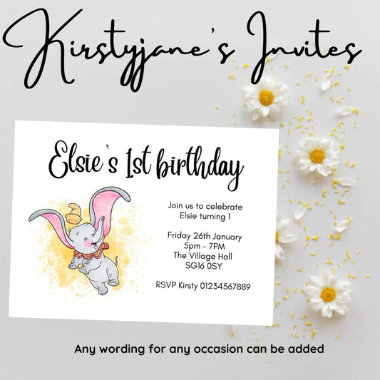 Personalised Dumbo child’s  birthday party invitations