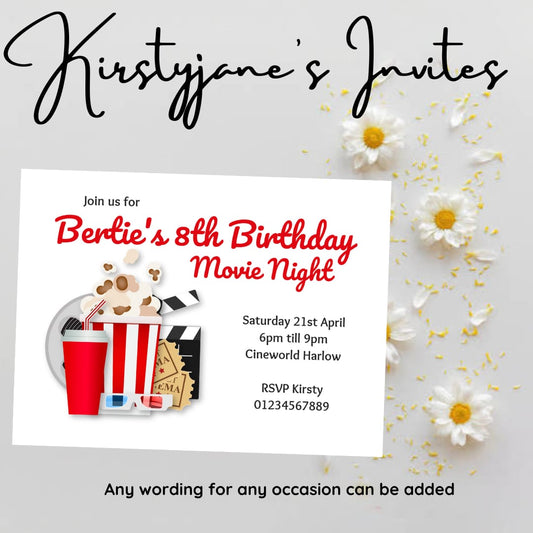 Personalised movie night  birthday party invitations