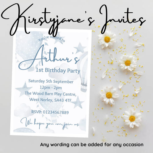 Personalised hot air balloon child party birthday  invitations
