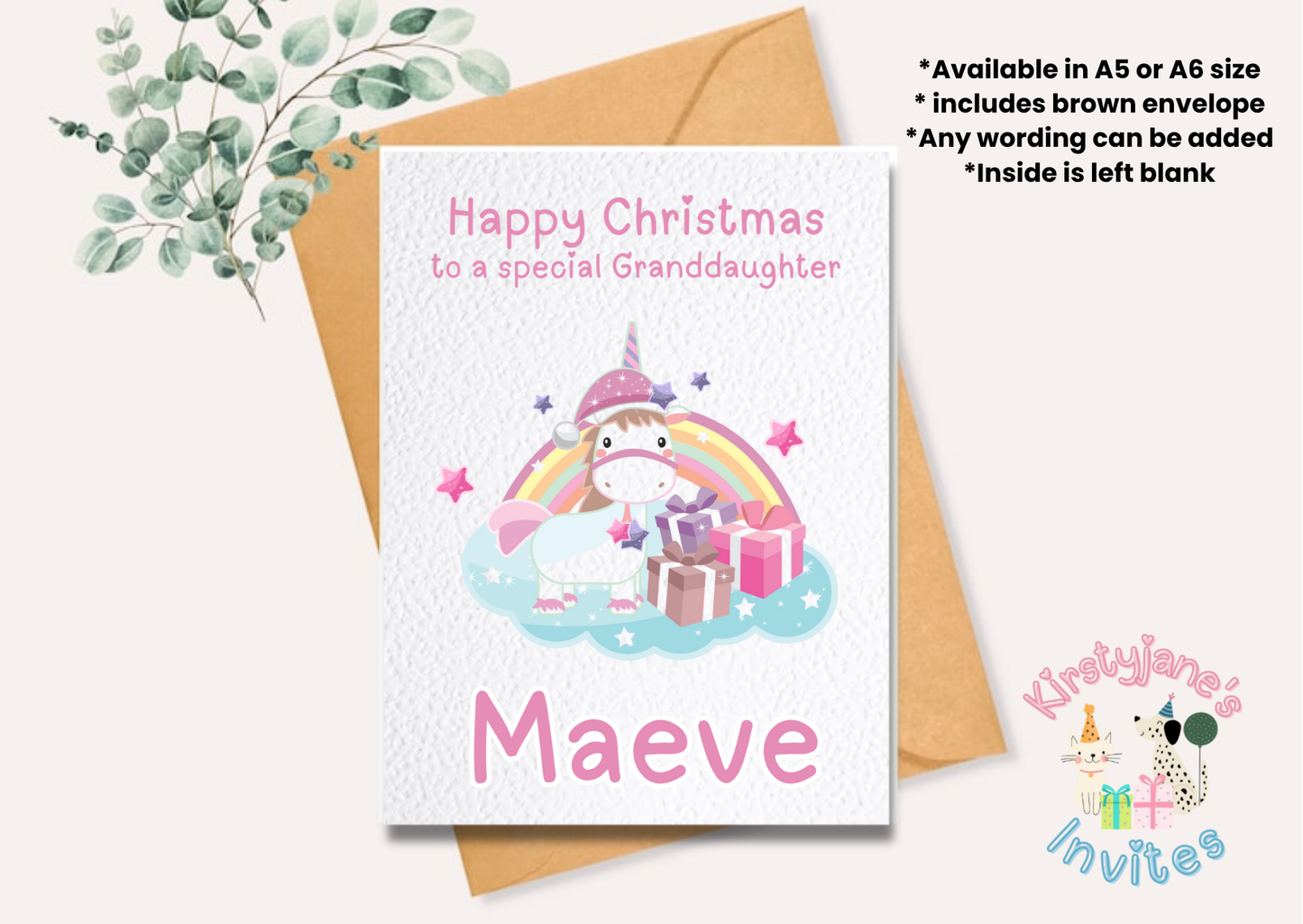 Christmas xmas greetings card Pink Girls Unicorn