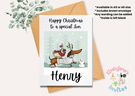 Christmas xmas greetings card Dogs Dachshund Pug