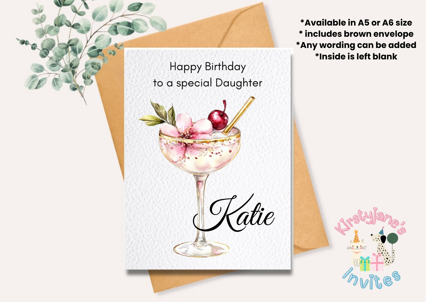 Birthday greetings Card Womens Cocktail Flowers 18th 21st 30th 40th 50th 60th 70th 80th