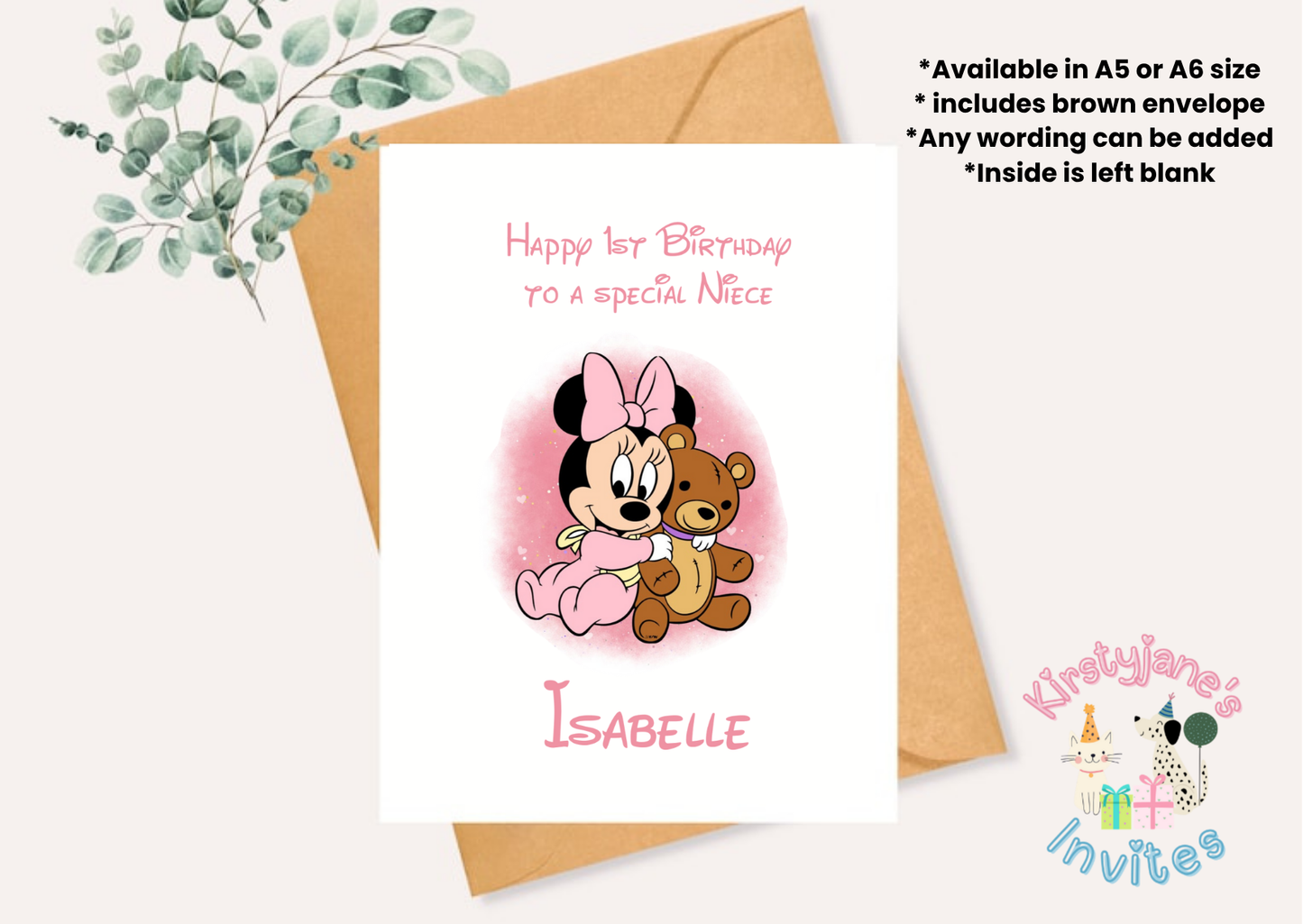 Birthday greetings Card Disney Baby Mickey Minnie Mouse baby shower Christening baptism 1st