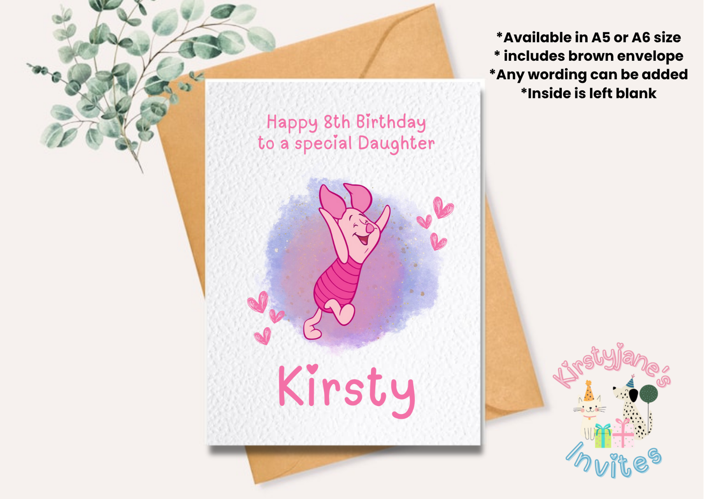 Birthday greetings card Pink Girls winnie the pooh piglet
