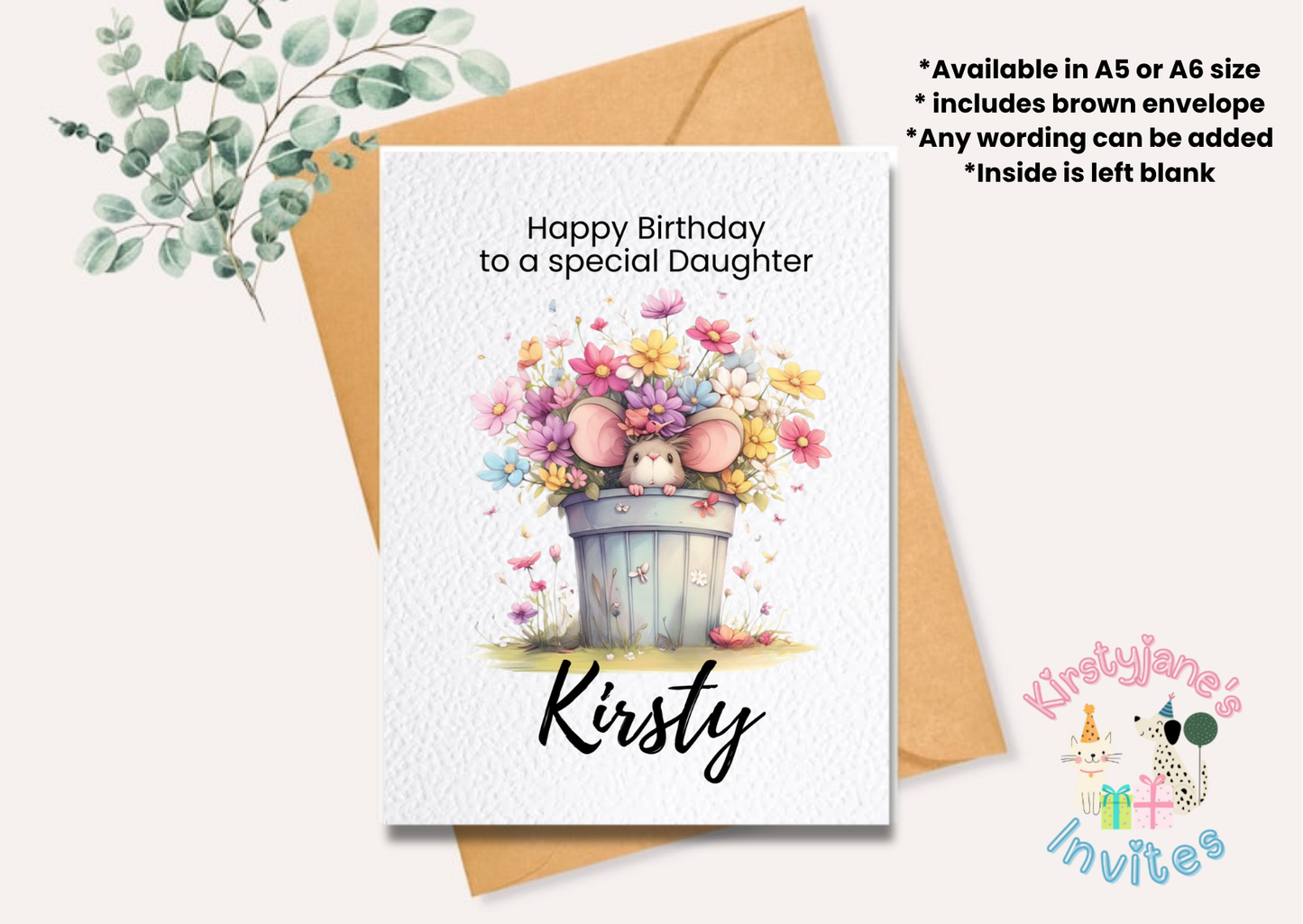Birthday greetings card mouse flowers floral