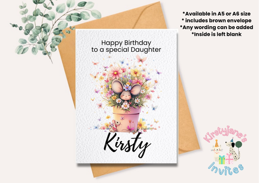 Birthday greetings card mouse flowers floral