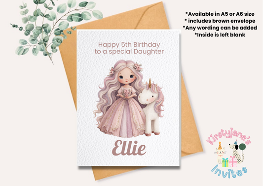 Birthday greetings card girl princess unicorn
