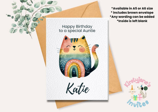 Birthday greetings card womens girls rainbow cat