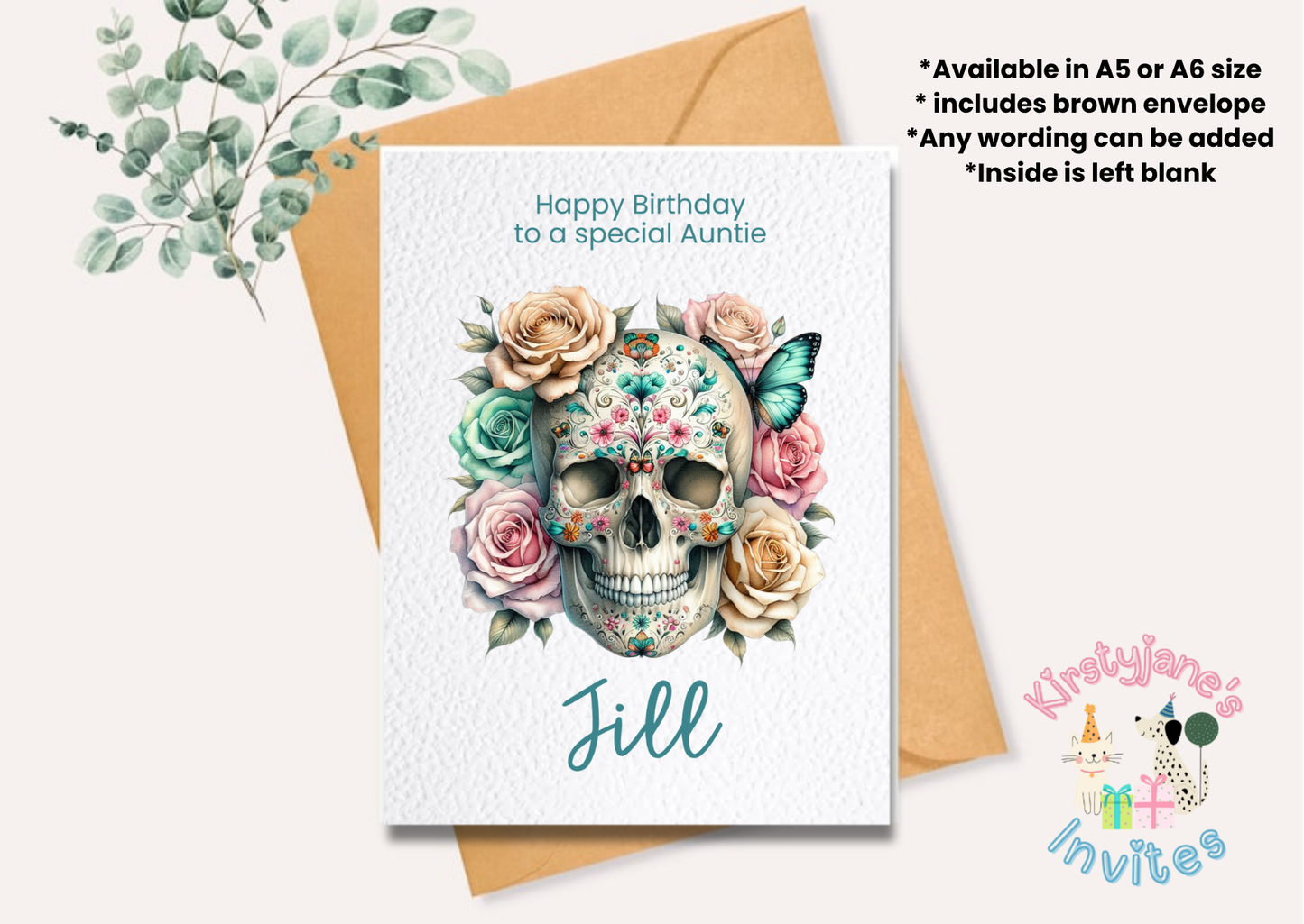 Birthday greetings card womens girls flower skellington skull